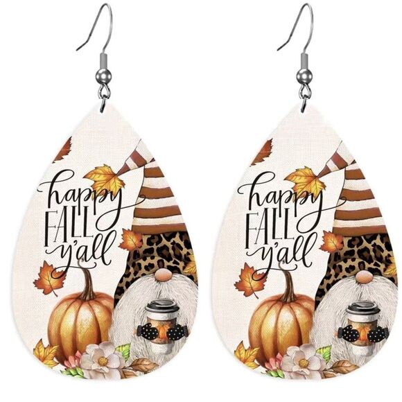 Gnome AUTUMN Happy FALL Y’all Gnome Thanksgiving Dangle Drop Earrings Jewelry - Picture 1 of 9